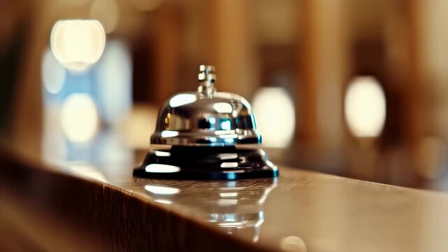 Hotel service bell on wooden counter with blurred lights
