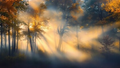 Fototapeta premium Foggy autumn forest with light rays breaking through golden trees