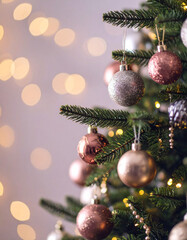 Christmas Ornaments on Tree in Warm Holiday Atmosphere