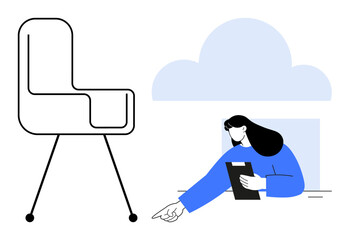 Woman holding a tablet points while seated near a chair, cloud icon in background signaling concepts thumbs up technology, remote work, and innovation. Ideal for digital workspace, creativity