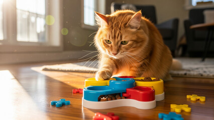 Naklejka na ściany i meble Orange tabby cat playing with a colorful puzzle feeder toy on a wooden floor.