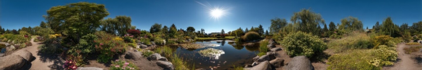 Fototapeta premium Serene nature scene with lush vegetation tranquil pond clear sky landscape photography peaceful environment