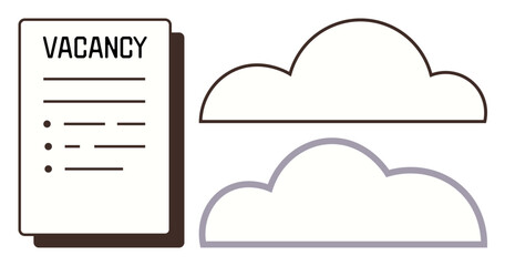 Job application form labeled Vacancy next to two cloud outlines representing remote or virtual work. Ideal for recruitment, hiring, work trends, HR, cloud computing, opportunities, simple flat