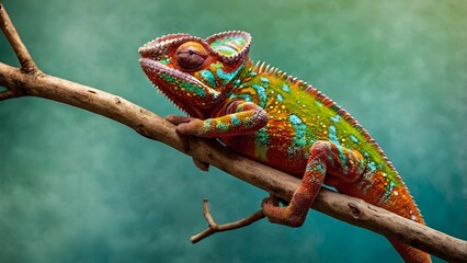Fototapeta premium Vibrant Chameleon Full Body on Branch Colorful Exotic Reptile Macro Photography