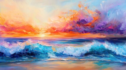 Vibrant sunset over ocean waves, colorful painting.