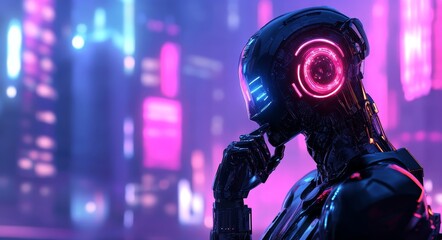 Naklejka premium Robot android złożony z elementów mechanicznych zastanawiał się nad przyszłością, zapas