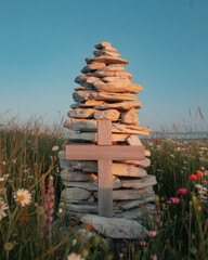 Stacked stone cairn with wooden cross standing in wildflower meadow at sunset