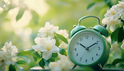 A mint green alarm clock sits on a surface surrounded by white flowers and vibrant green leaves in soft sunlight.