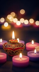 Sacred Glow of an Ornate Diya Surrounded by Candles and Festive Bokeh Lights.