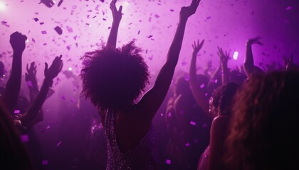 Purple confetti falls as a woman with afro hair dances with a crowd in a dimly lit concert venue.