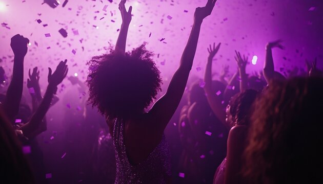 Purple confetti falls as a woman with afro hair dances with a crowd in a dimly lit concert venue.