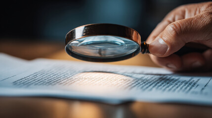 Person examines document closely using magnifying glass, highlighting importance of detail and scrutiny reading. focused light emphasizes text, creating atmosphere of investigation and curiosity