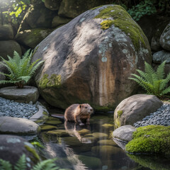 Beaver resting on a rock in a calm pond framed by mossy stones and ferns
