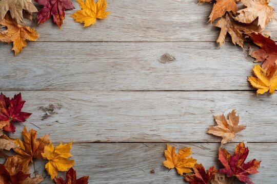 A bird’s-eye shot of a wooden table surrounded by bright autumn leaves. The image radiates warmth and seasonal charm, making it great for fall promotions, Thanksgiving themes, or nature-inspired