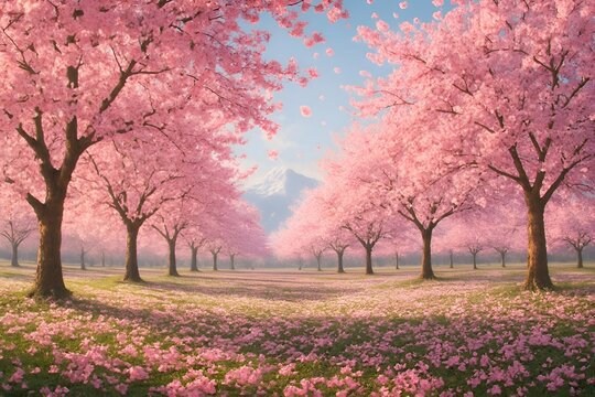 Scenic spring orchard of cherry blossom trees with pink petals, snow-capped mountain in background, serene nature landscape
