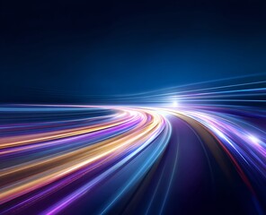 Abstract blue road of data with white purple and yellow streaks for web banner design