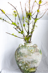 Nature Inspired Hand Painted Pottery Vase with Moss Covered Branches