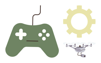 Game controller with cord, yellow gear cog, modern Quadcopter with six propellers. Ideal for gaming, technology, innovation, automation, AI concepts creativity futuristic ideas. Simple flat metaphor