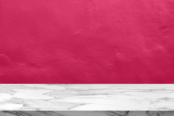 Marble countertop with red concrete wall background, ideal for product display, mockup, minimalist kitchen or bathroom interior, luxury texture design, clean and modern empty surface