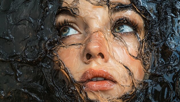 Close-up shot of a female face appearing to be underwater, surrounded by dark, flowing water, her eyes gazing upwards.
