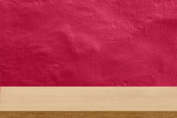 Empty wooden table top and color red wall background for showing products and advertisers. Template mock up for display of product. product promotion in the wall. for display or montage.