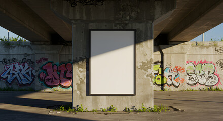 Blank poster on concrete pillar under bridge with graffiti covered walls and concrete ground area around