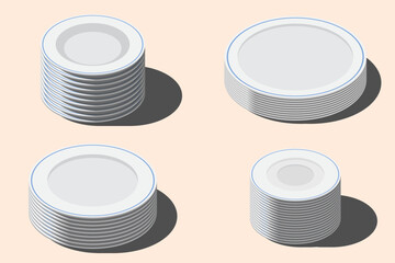 Isometric plate set. Empty plate set. Isometric cutlery. Isometric tableware set. Vector illustration