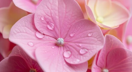 Fototapeta premium Serene Macro of Pink Hydrangea Florets Adorned with Glistening Water Droplets.