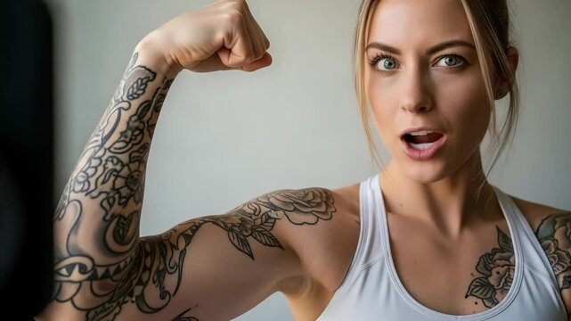 A happy and confident woman with full arm tattoos flexes her bicep and winks