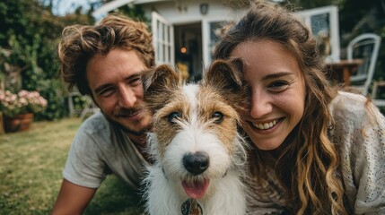 Joyful couple shares a close-up selfie with their adorable dog in a sunny backyard garden, embracing happy moments