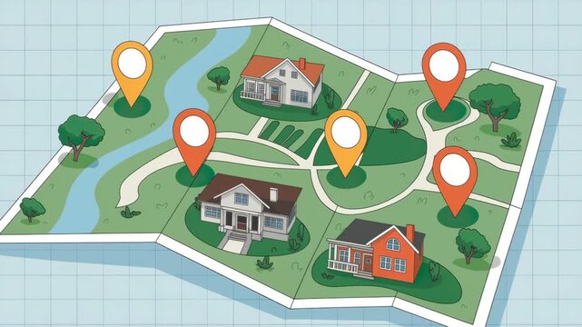 Real estate location map with multiple house pins - informative, clear - top view - grid background