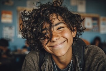 Joyful young person with curly hair and freckles beams with infectious happiness in a casual, relatable portrait.