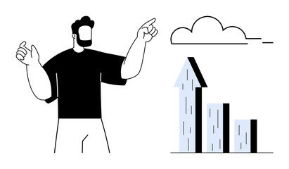 Man pointing at a rising bar chart representing growth and progress, complemented by a simplistic cloud element. Ideal for business, analytics, success, strategy, progress, forecast, simple landing