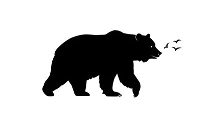 Fototapeta premium Bear Silhouette Walking with Birds | Wildlife Symbol for Nature Conservation, Outdoor Branding and Graphic Design Projects
