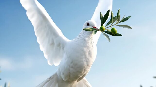 A white dove flying with an olive branch in its beak against a blue sky