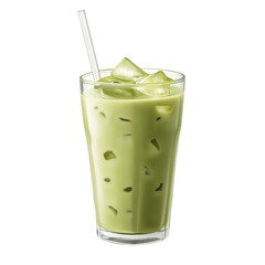 Green Tea Latte with Ice in Glass Isolated on Transparent