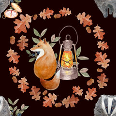 Fox, badger, vintage lantern, oak leaves, acorns, and autumn foliage seamless watercolor pattern on black background, perfect for fabric prints, children products, stationery, seasonal autumn decor