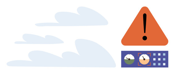 Red warning sign with exclamation point, cloudy sky, and dashboard meters for monitoring. Ideal for weather updates, safety, climate change, technology, data, alerts precautionary action simple