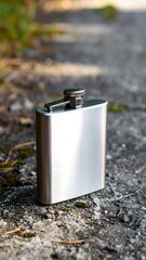 Polished metal hip flask on ground