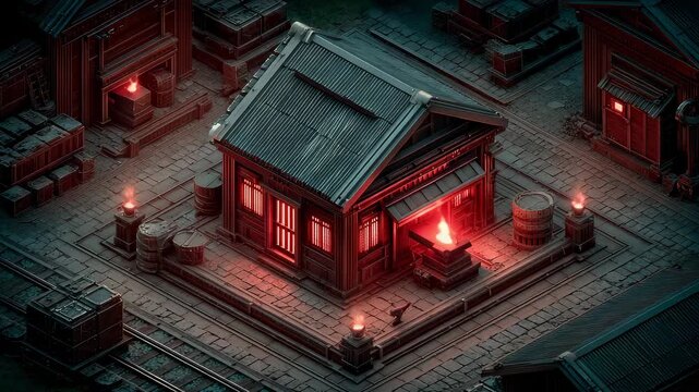 Atmospheric Japanese Smelting Plant Scene at Night