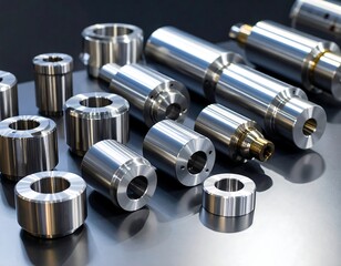 Polished metal parts arranged on a dark surface