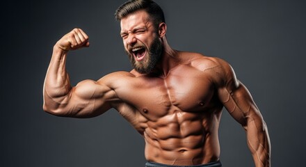 Primal Power - Ripped Bearded Bodybuilder Roars While Flexing Bicep.