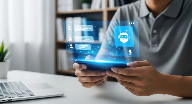 Man using smartphone with holographic chatbot and digital messages interface. Concept of artificial intelligence, customer support and online communication technology
