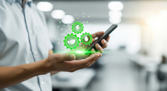 Person holding smartphone with holographic eco-friendly icons of energy, water and environment. Concept of sustainability, green technology and renewable resources - Powered by Adobe