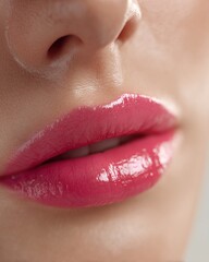 Fototapeta premium Close-up of female model & elegant lips with radiant bright and vibrant color lips holding lipstick tube, professional beauty shoot for cosmetic, advertising and luxury makeup brand promotion
