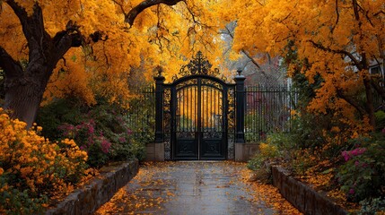 Stunning ornate black gate welcomes visitors to a vibrant autumn garden with golden leaves and lush foliage