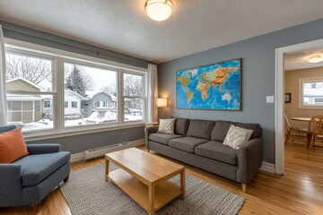Fototapeta premium Cozy living room in a winter setting with a world map and comfortable furnishings inviting relaxation and warmth