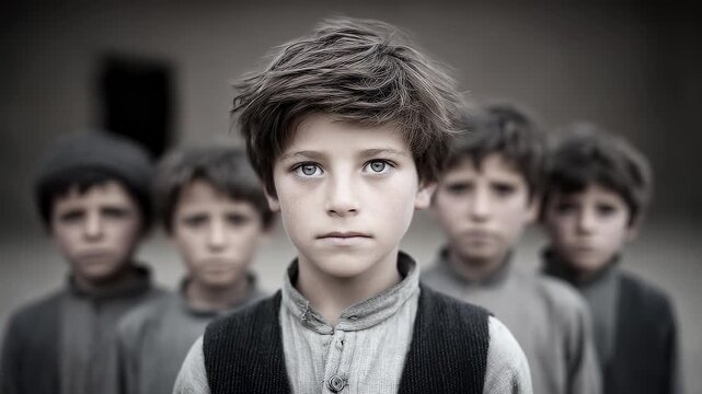 A group of boys with determined eyes showing hope and strength