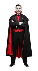 Stylish Man Dressed as a Vampire for Halloween, Full Body Portrait with Red and Black Cape