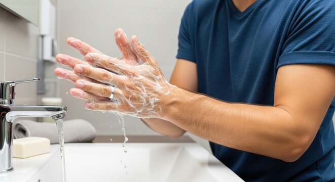 A person in a blue shirt washes their hands with soap in a white bathroom sink Water runs from a chrome faucet